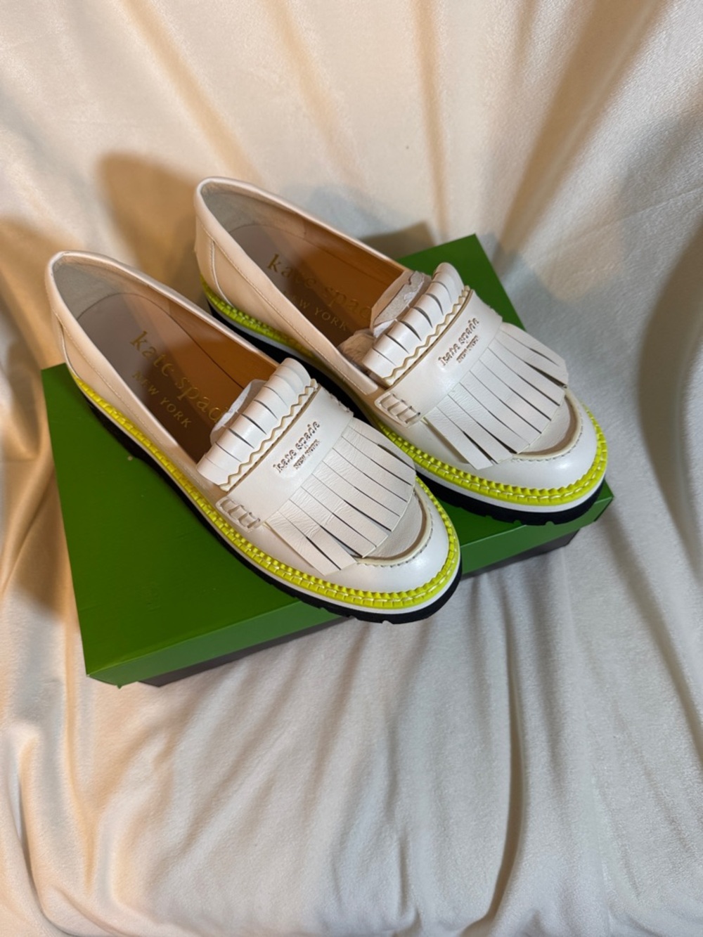 kate spade White & Neon Yellow Fringe Loafers